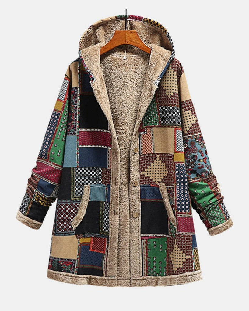 Outono | Patchwork Terroso Casaco Aconchegante com Capuz