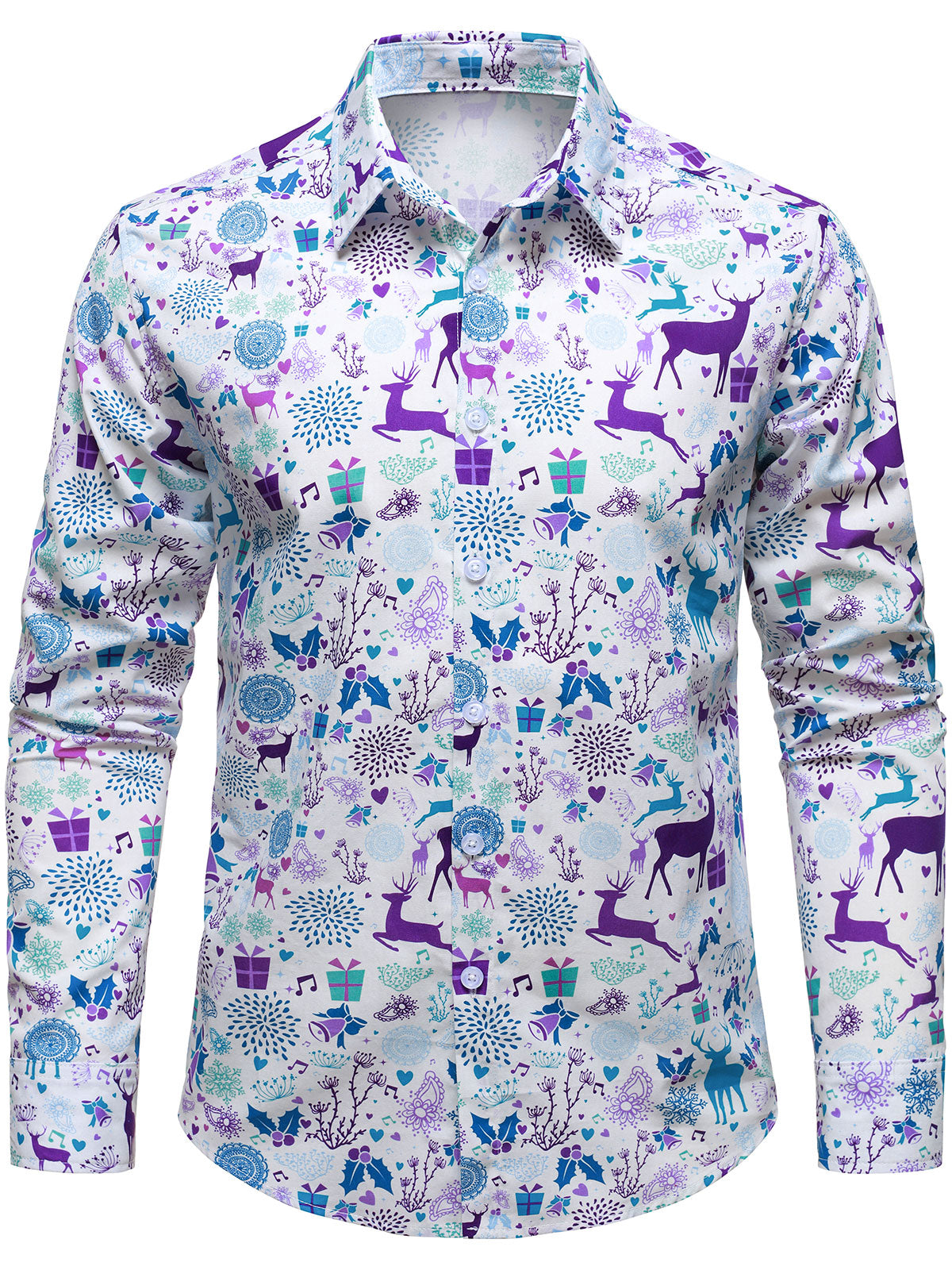 Camisa de Manga Longa Branca com Estampa Festiva de Rena de Natal para Homem