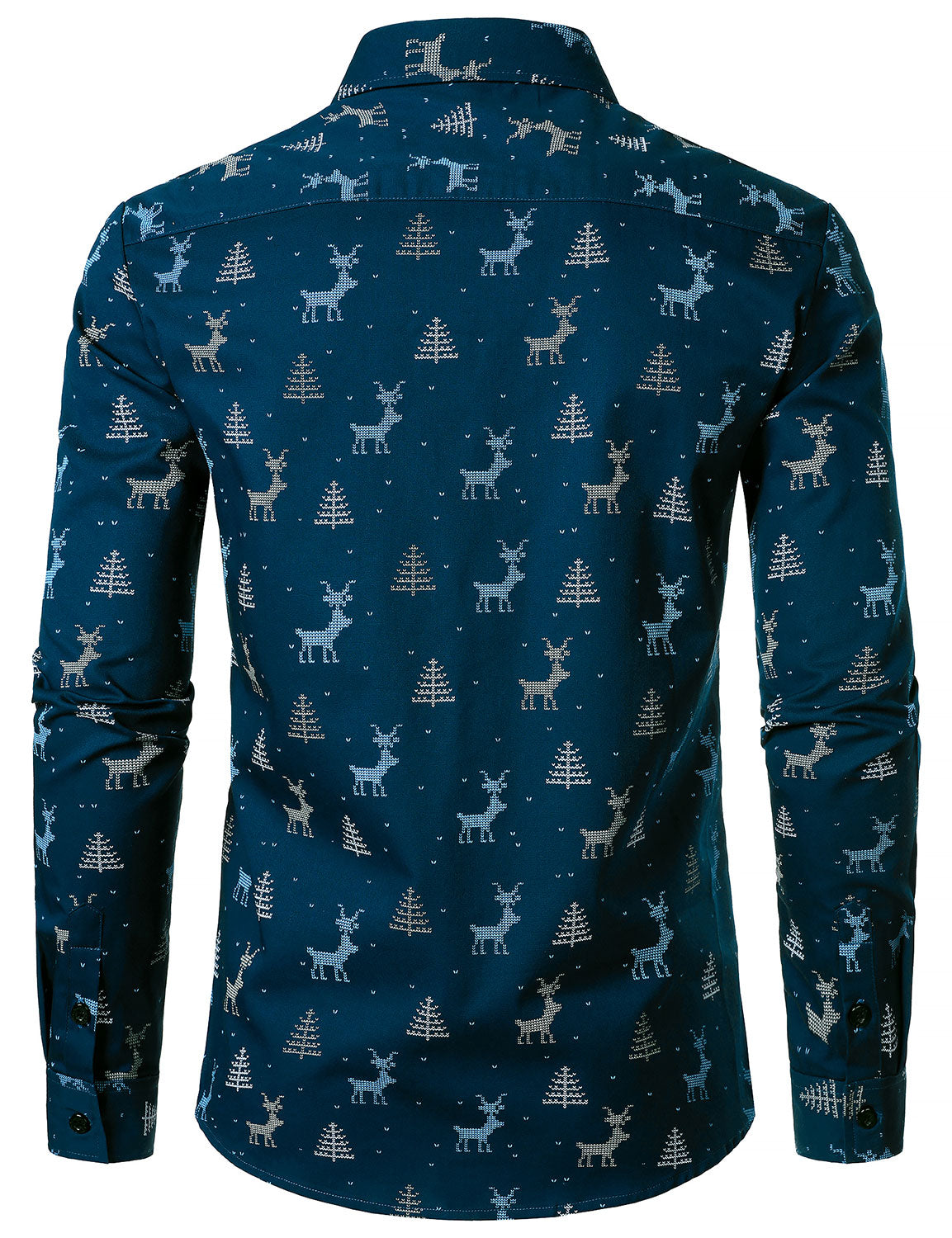 Camisa de Manga Longa Masculina com Estampa de Alce de Natal Respirável Azul Marinho