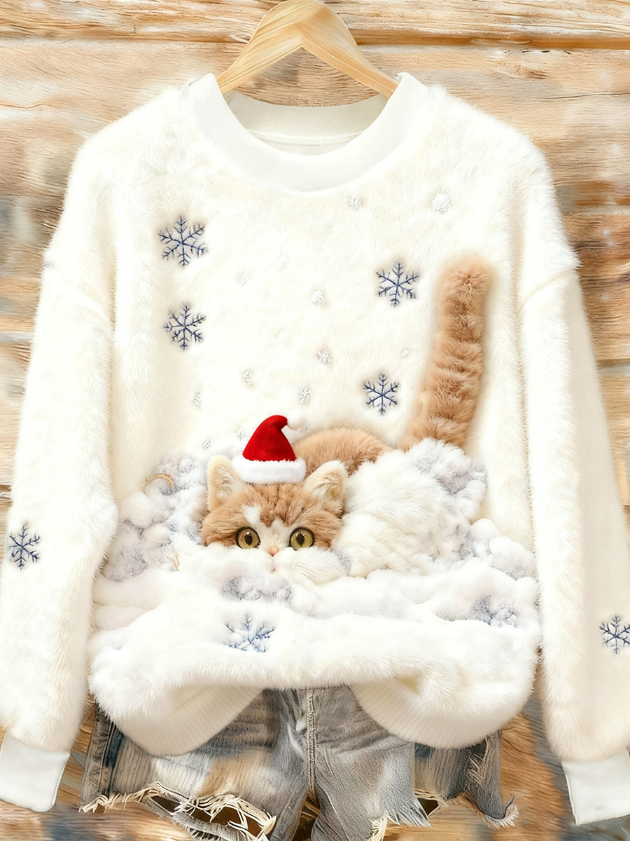 Sweatshirt Casual de Flanela com Arte de Gato de Natal das Mulheres
