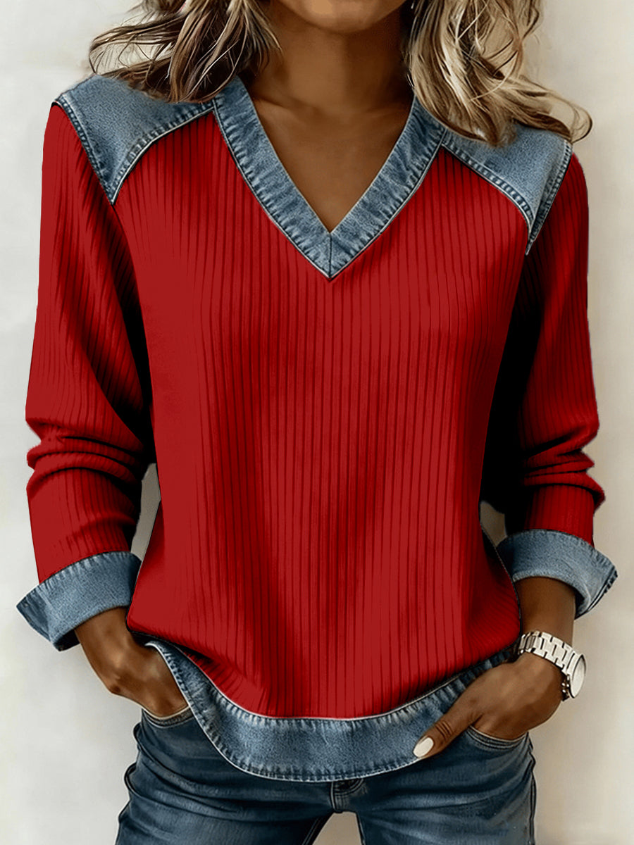 Top V-hals em patchwork inspirado no Natal para mulheres