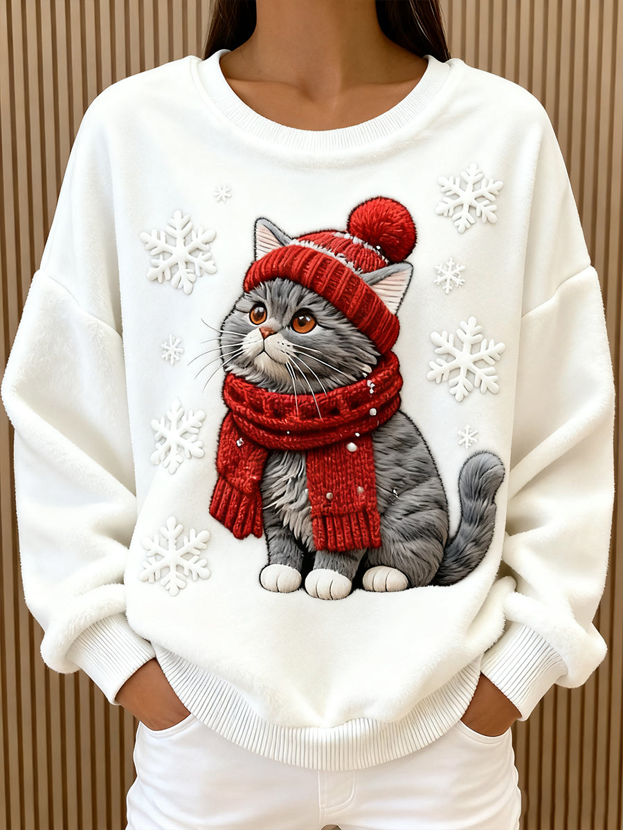 Sweatshirt Casual Flanelo com Impressão de Gato de Natal para Mulheres