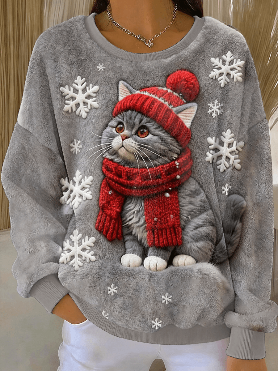 Sweatshirt Casual Flanelo com Impressão de Gato de Natal para Mulheres
