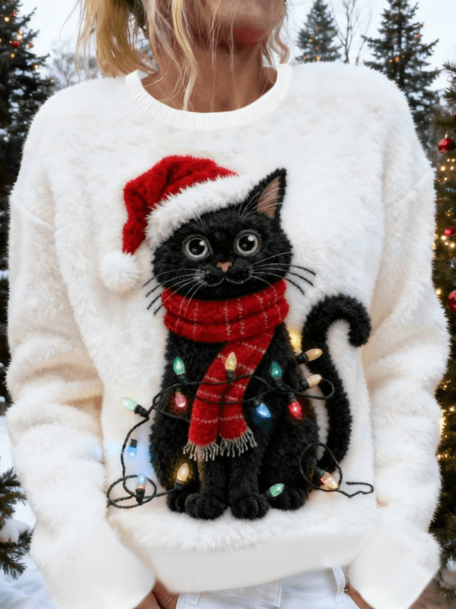 Sweater Casual de Flanela com Impressão de Gato de Natal para Mulheres