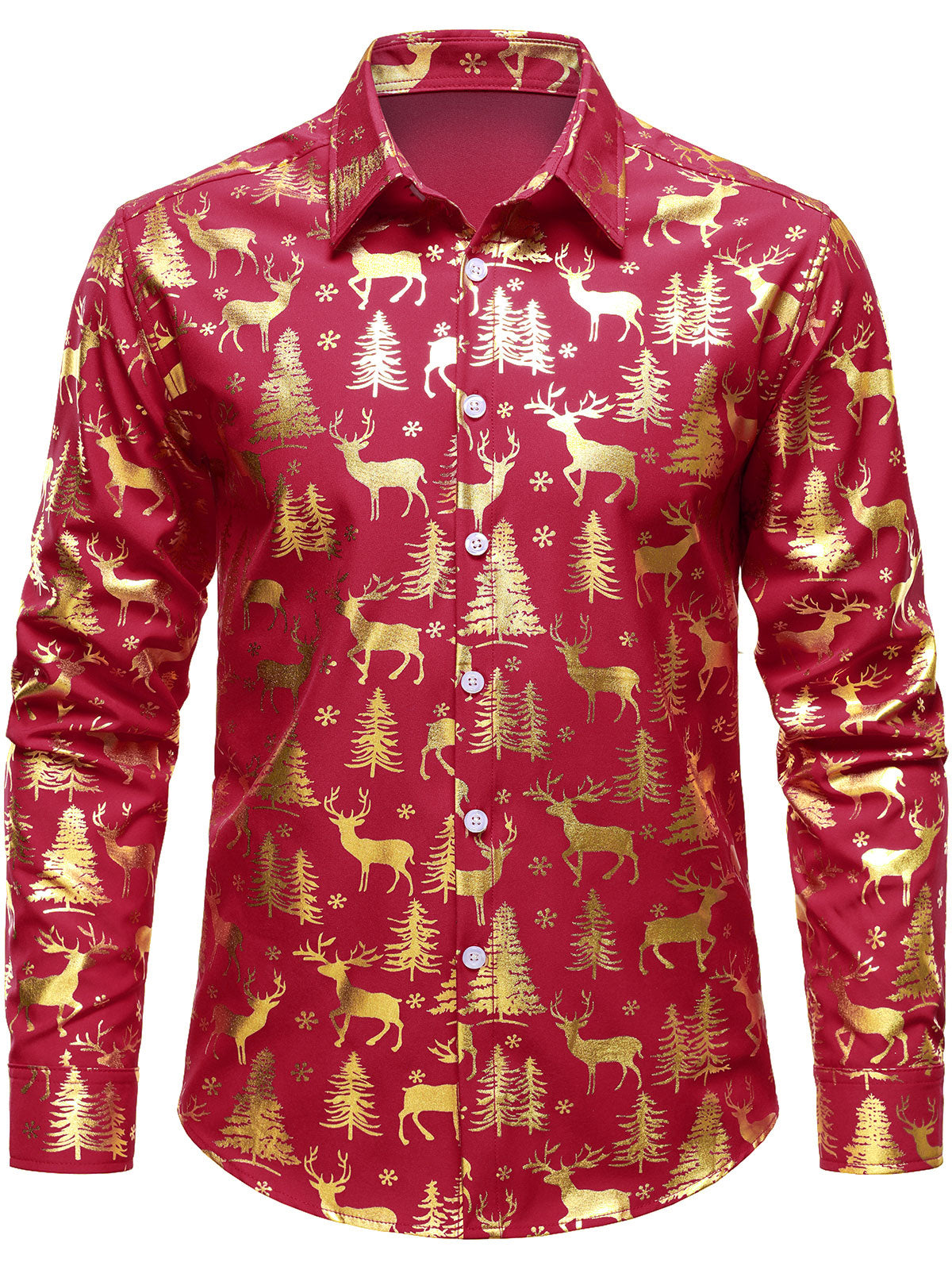 Camisa de Manga Longa Vermelha com Estampado Festivo de Renas Douradas para Homens