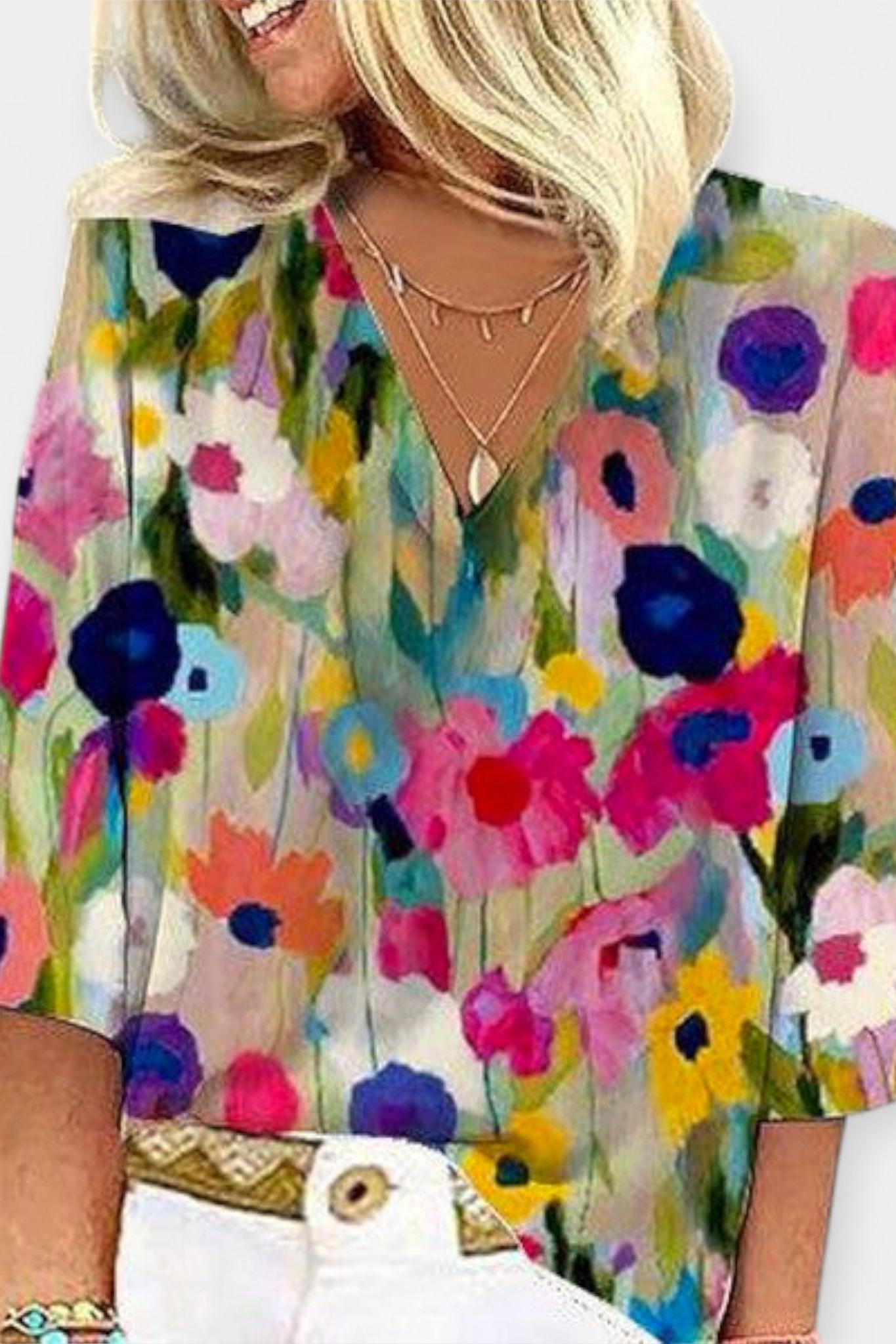 Sidsel | Blusa de Flores com Decote em V