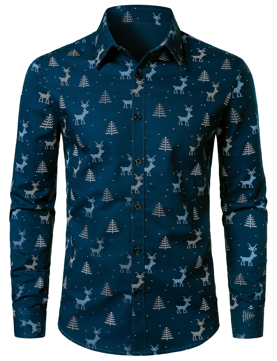 Camisa de Manga Longa Masculina com Estampa de Alce de Natal Respirável Azul Marinho
