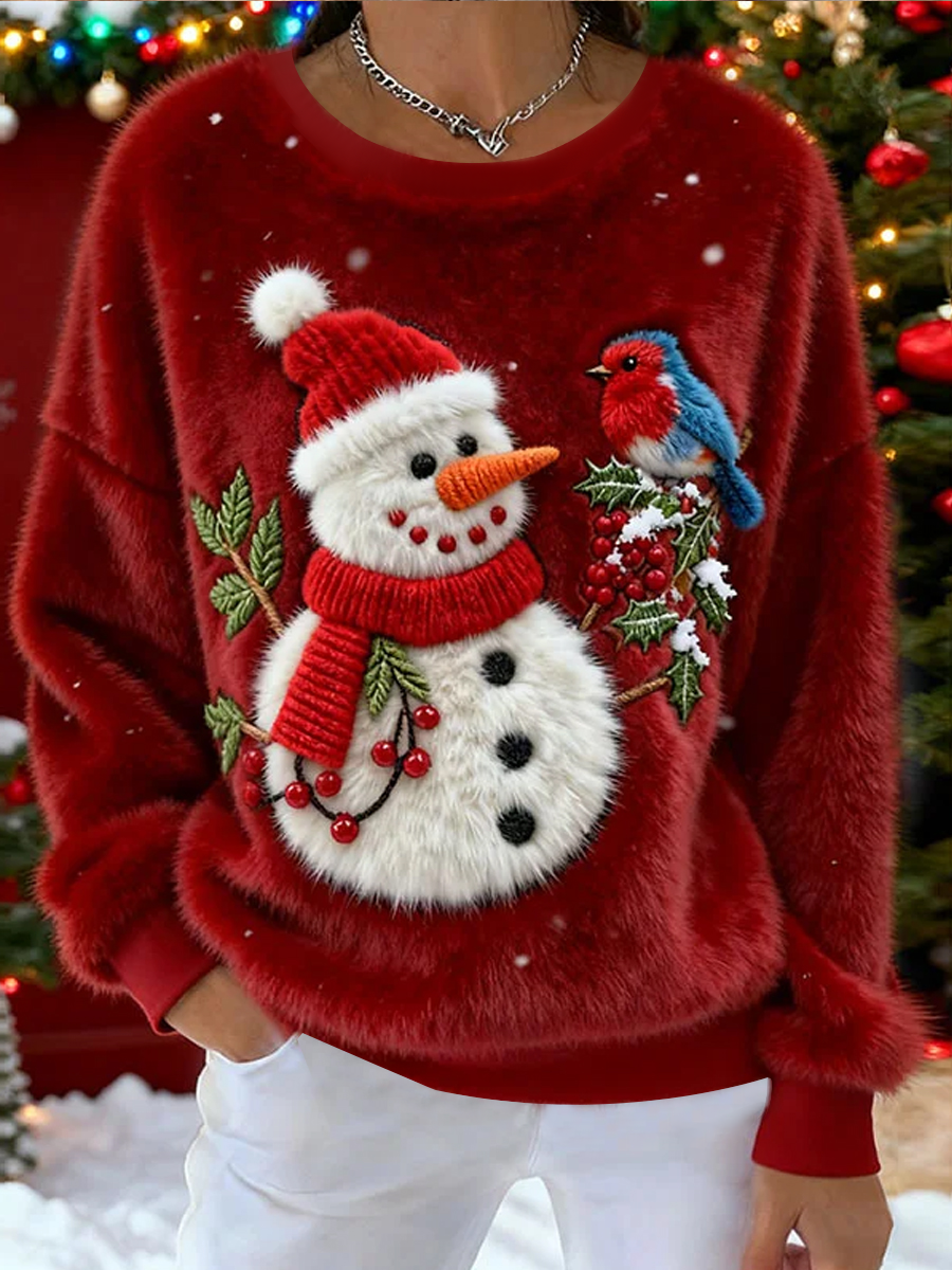 Sweatshirt Flanela com Arte de Boneco de Neve e Pássaros para Mulheres