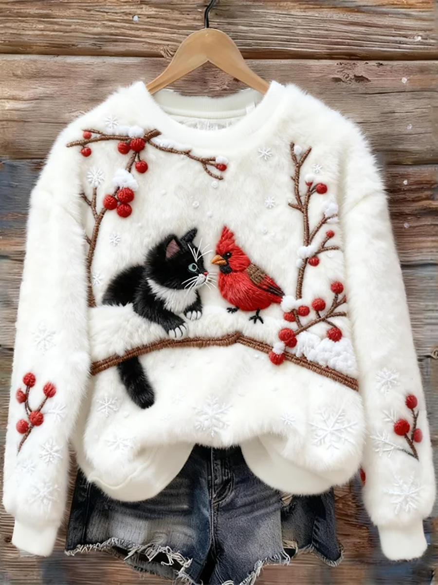 Sweatshirt Flanela de Arte de Gato Doce das Mulheres