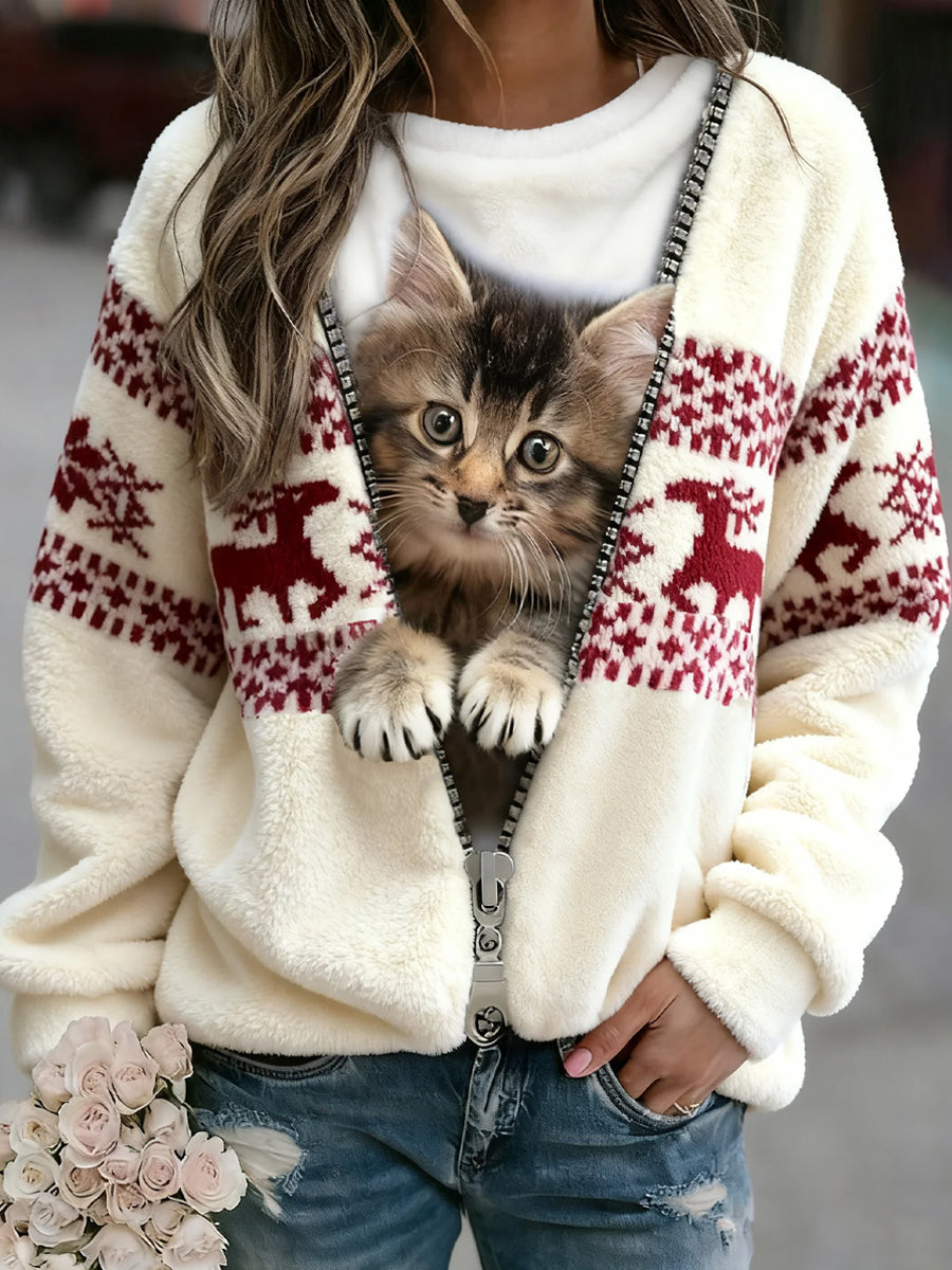 Sweatshirt de Flanela Confortável com Impressão de Arte de Animais Retro para Mulheres