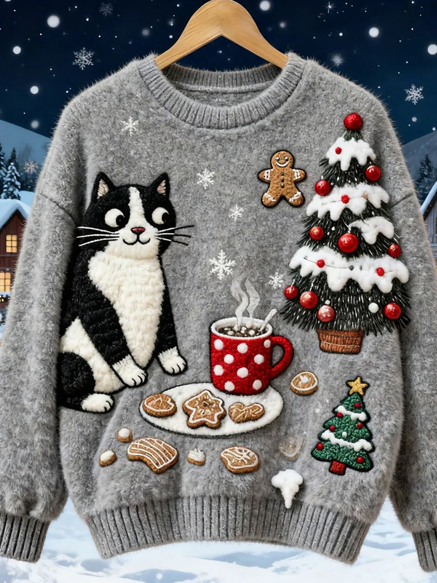 Sweatshirt de Flanela Confortável com Arte de Animais Retro de Natal para Mulheres