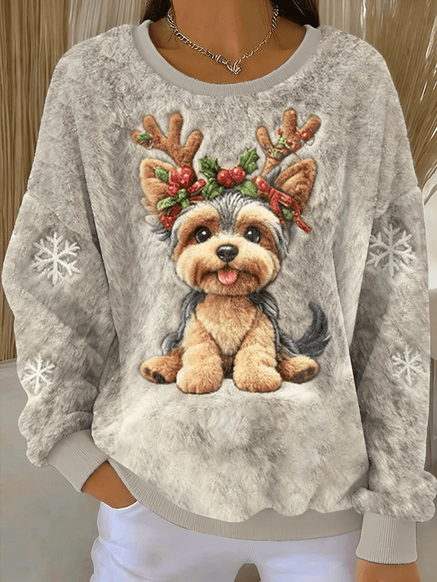 Sweater Casual de Flanela com Arte de Cão de Natal para Mulheres