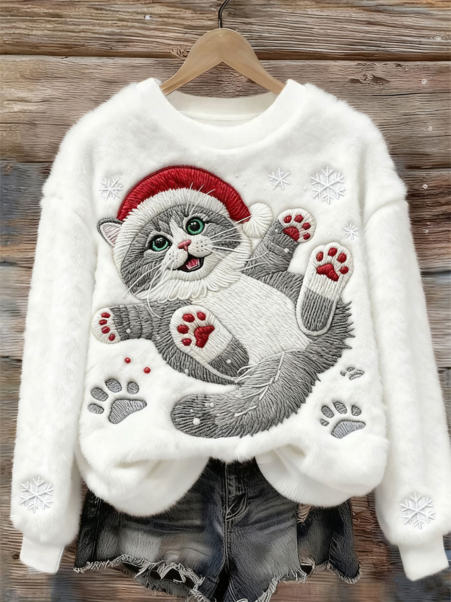 Sweatshirt Casual de Flanela com Impressão de Gato de Natal Doce para Mulheres