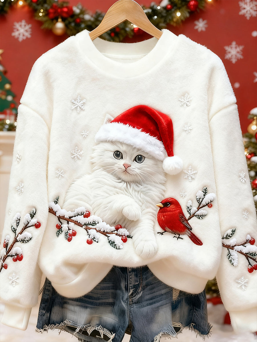 Sweatshirt Casual de Flanela com Arte de Gato de Natal para Mulheres