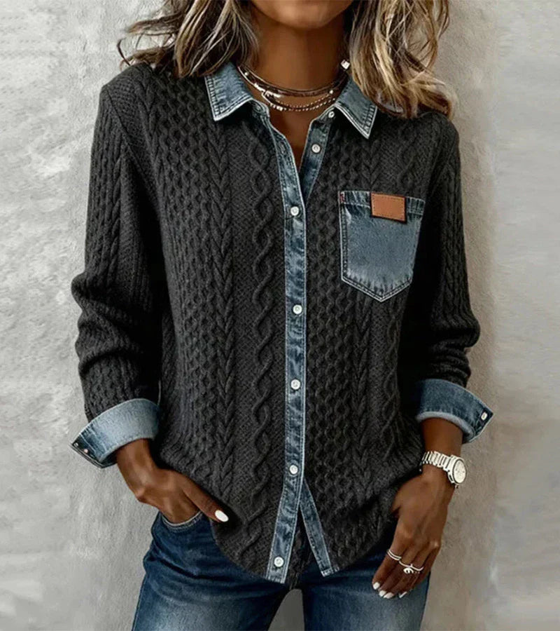 AMBRA - Top em Malha Patchwork com Detalhes em Denim