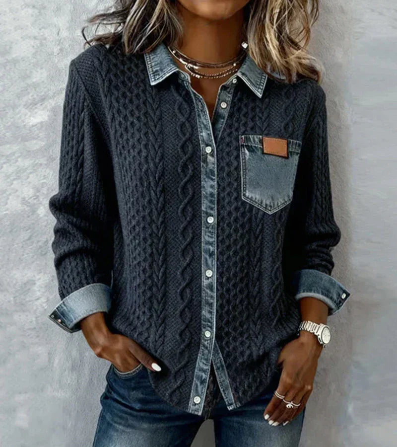 AMBRA - Top em Malha Patchwork com Detalhes em Denim